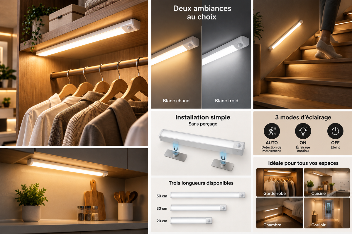 Barre LED Intelligente Rechargeable – Détecteur de Mouvement
