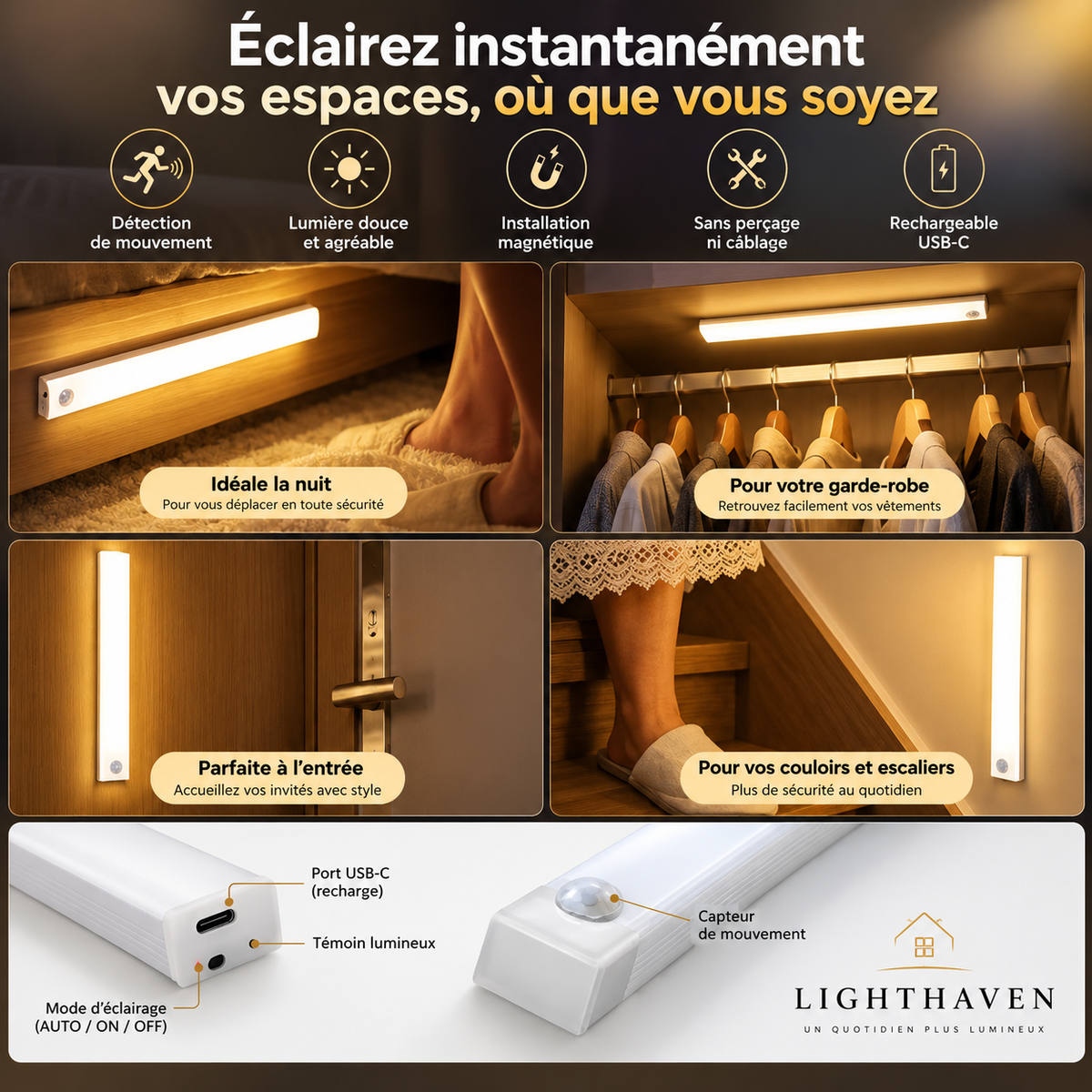 Barre LED Intelligente Rechargeable – Détecteur de Mouvement