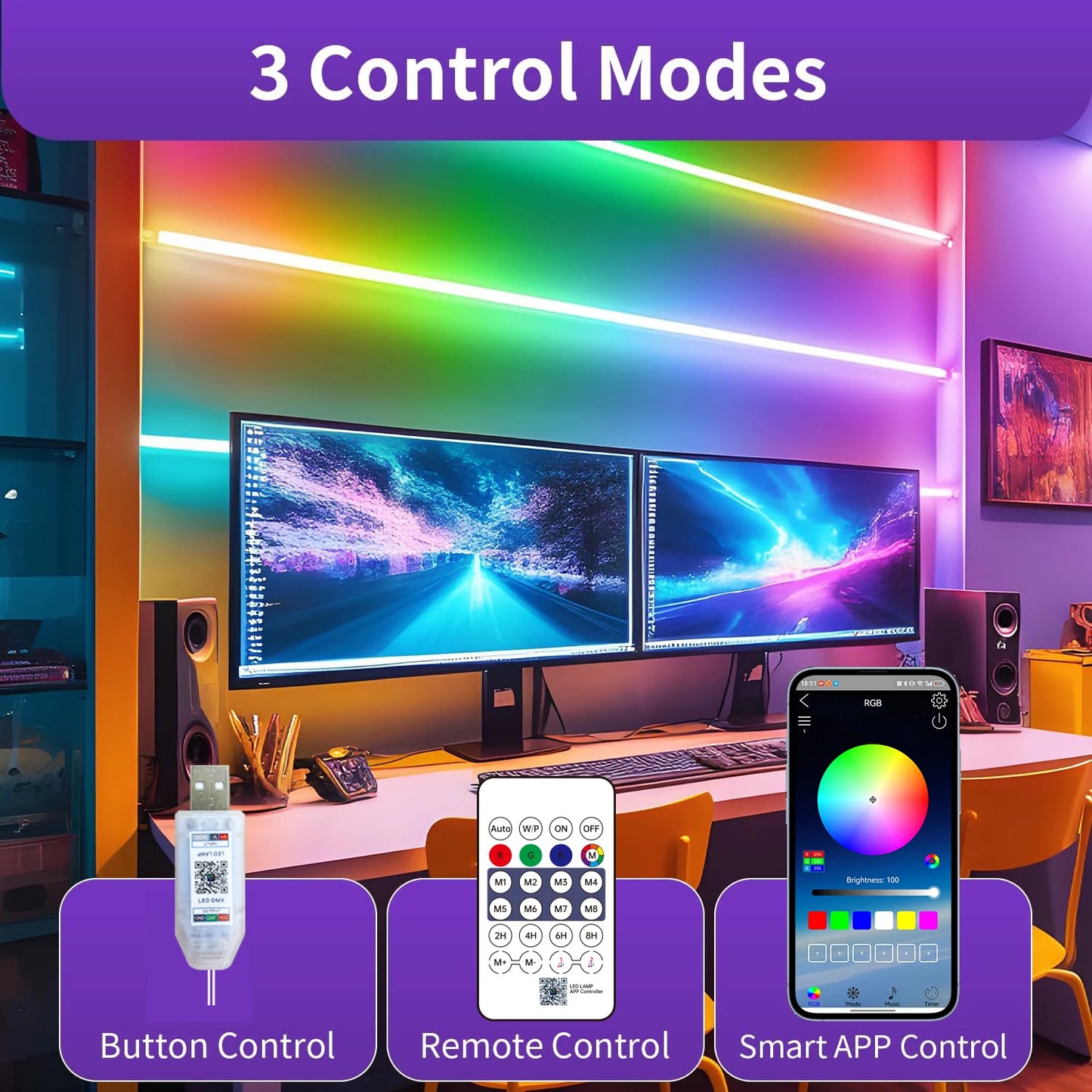 Ruban LED Néon RGB Musique — 5m, App Smartphone & Synchro Musicale