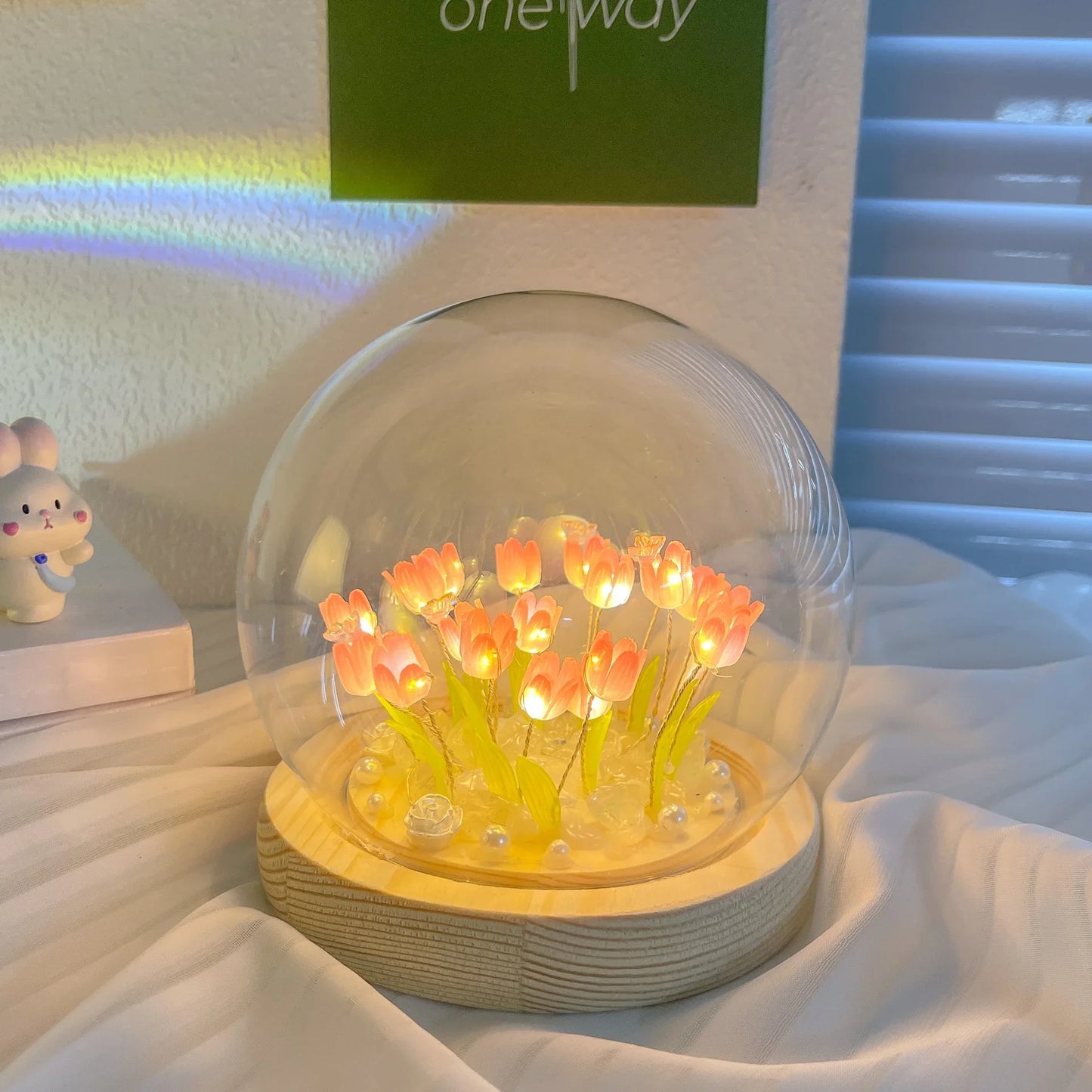 Lampe Tulipe Tactile — 16 Couleurs RGB, Base Bois & Verre Lumineux