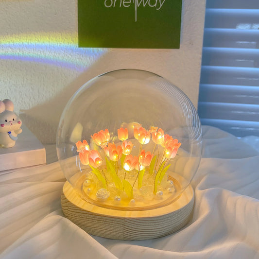 Lampe Tulipe Tactile — 16 Couleurs RGB, Base Bois & Verre Lumineux