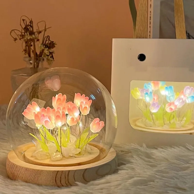 Lampe Tulipe Tactile — 16 Couleurs RGB, Base Bois & Verre Lumineux