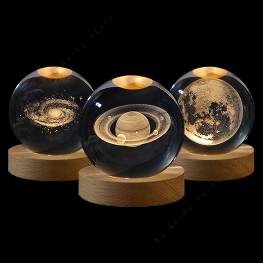 Boule Cristal 3D Galaxie LED — Système Solaire Gravé Laser & Base Lumineuse
