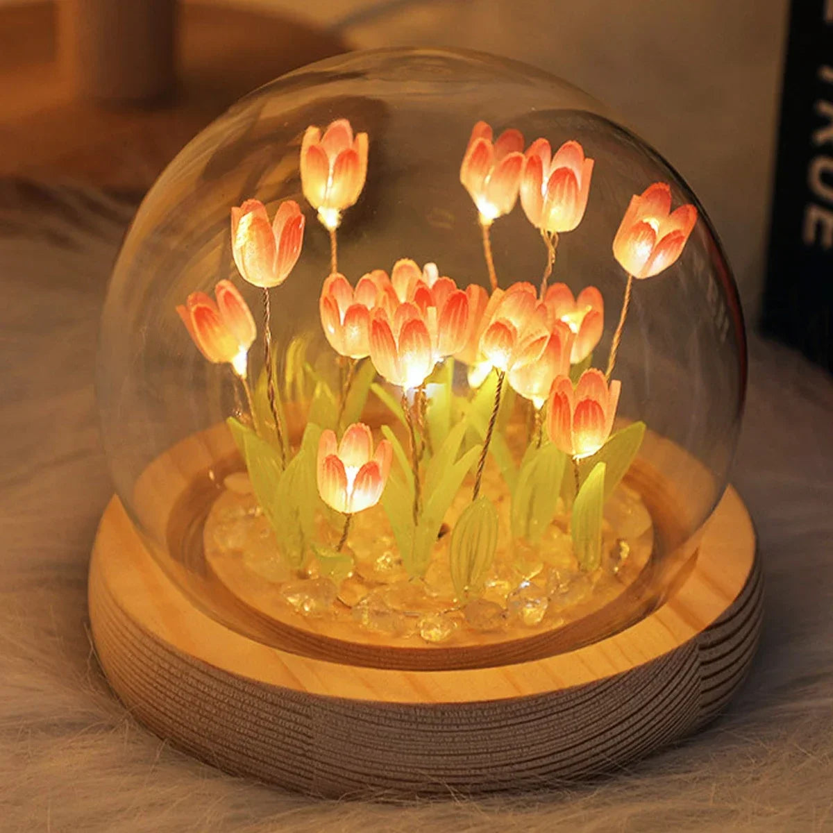 Lampe Tulipe Tactile — 16 Couleurs RGB, Base Bois & Verre Lumineux