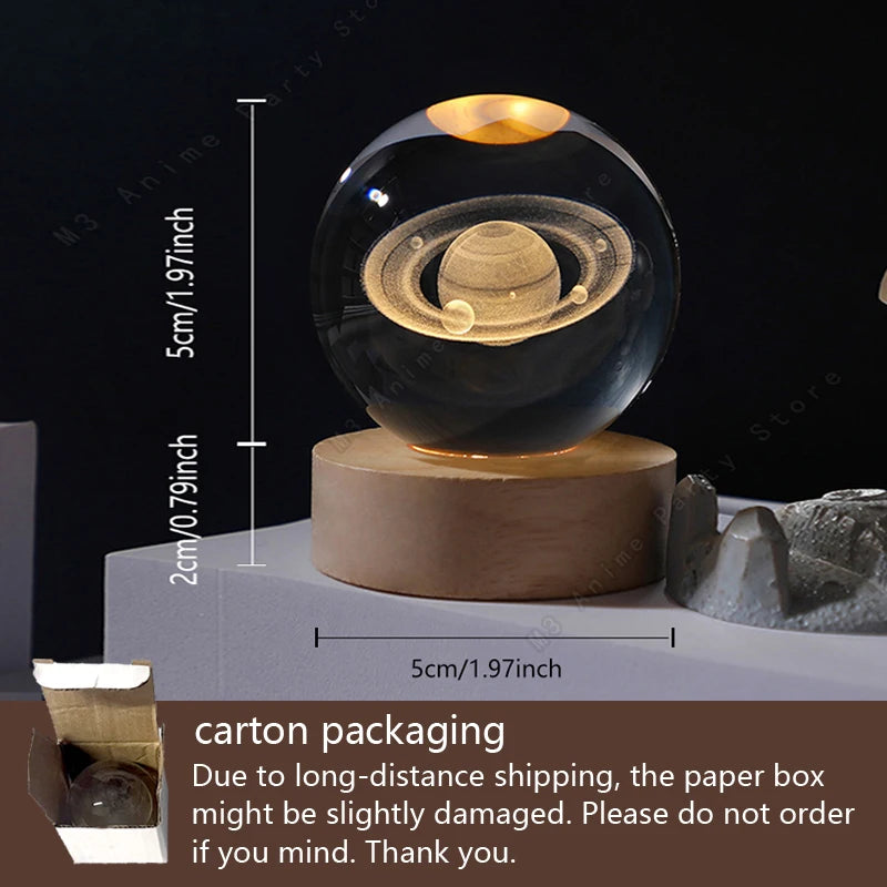 Boule Cristal 3D Galaxie LED — Système Solaire Gravé Laser & Base Lumineuse