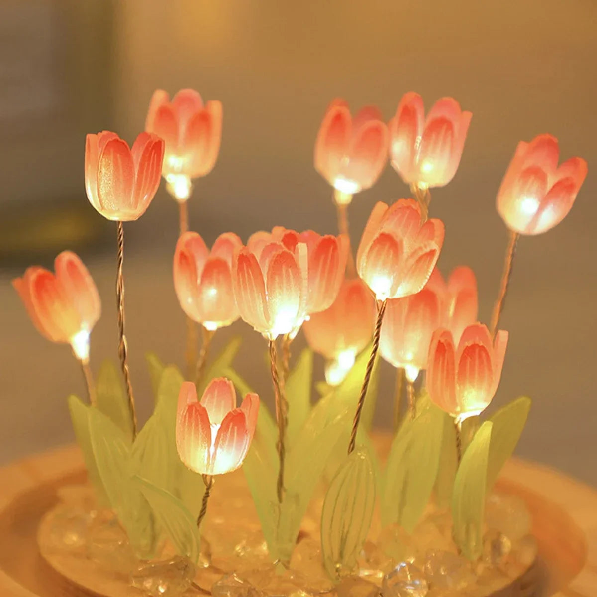 Lampe Tulipe Tactile — 16 Couleurs RGB, Base Bois & Verre Lumineux