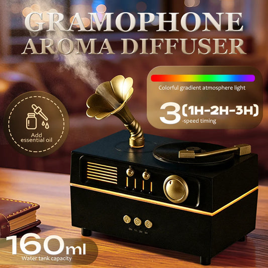 Gramophone Humidificateur Aroma — Bruit Blanc, Huiles Essentielles & Design Vintage