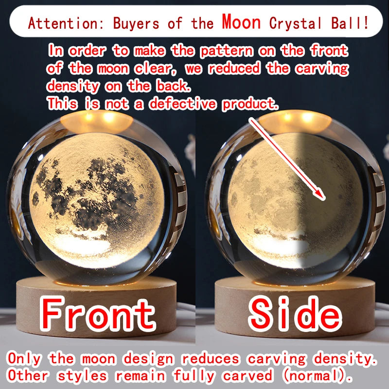 Boule Cristal 3D Galaxie LED — Système Solaire Gravé Laser & Base Lumineuse