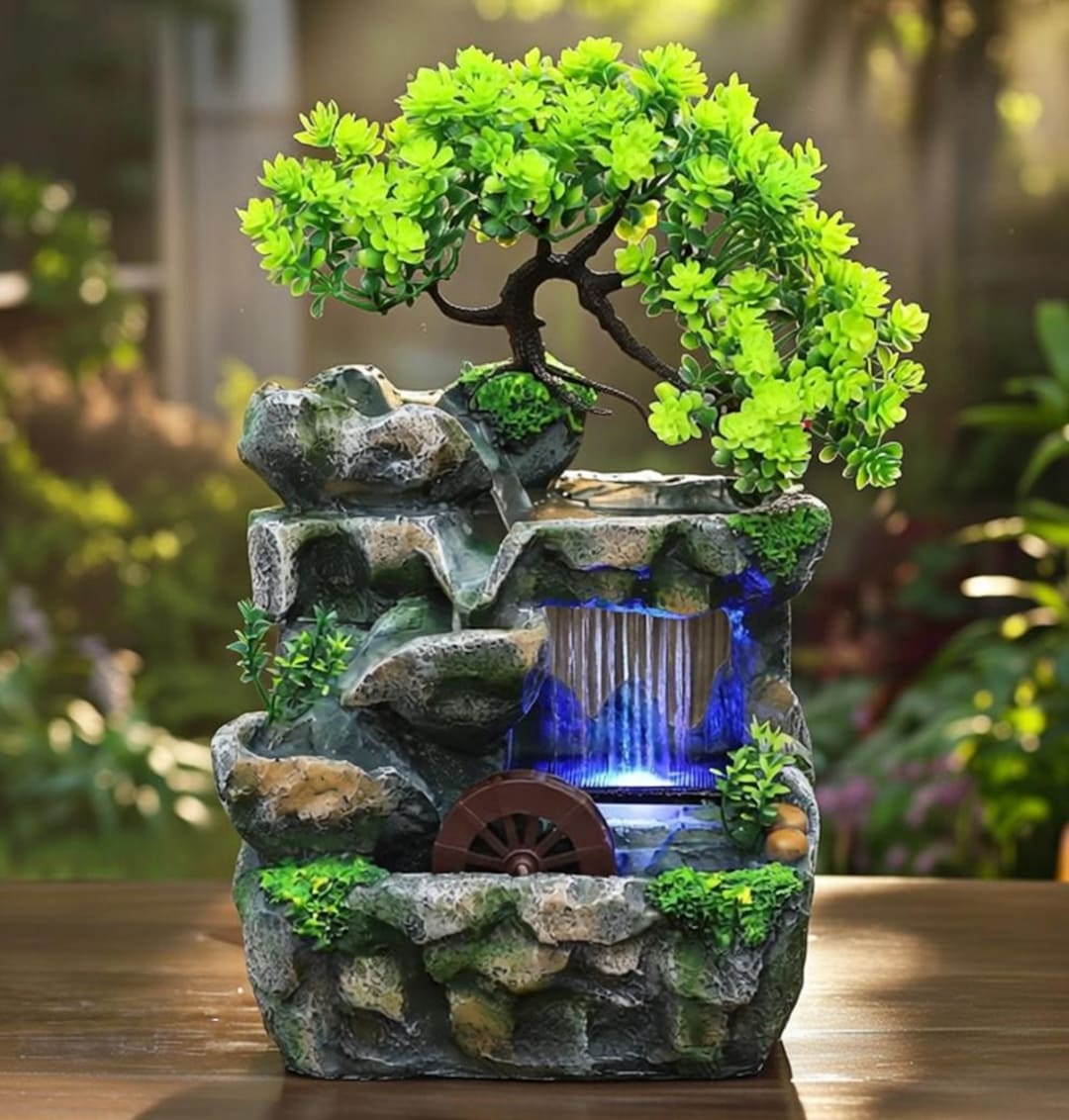 Fontaine de table LED zen avec roue à eau et éclairage intégré
